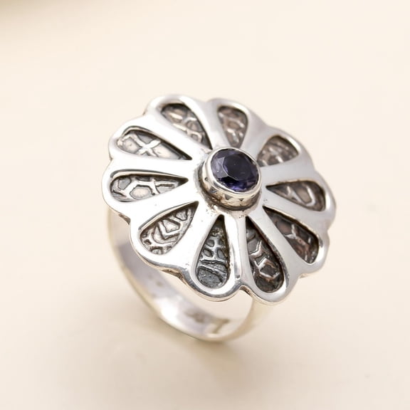 925 Sterling Silver Designer Iolite Floral Statement Ring, Handmade Adjustable Gemstone Ring for Women, Size 5-10