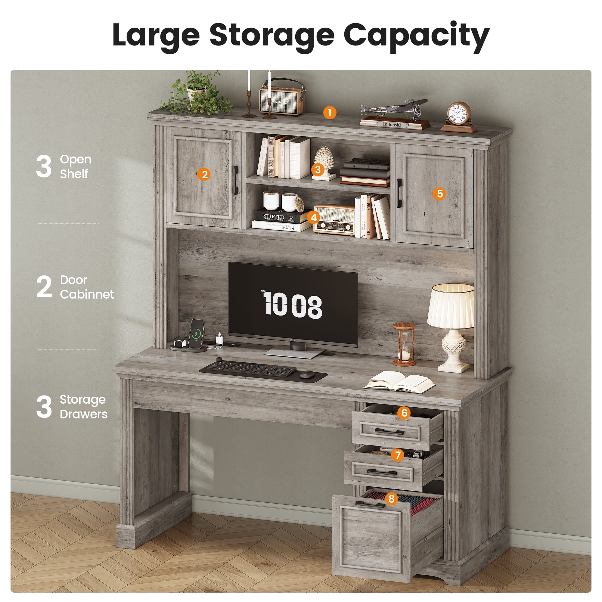 SEDETA 47 Inch Farmhouse Office Desk with Hutch and Drawers, Executive Desk Computer Desk with File Drawer and Cabinets, Large Workstation Traditonal Style Practical table for Home Office, Grey