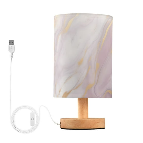 Pink and Gold Marble Bedside Table Lamp LED Warm Lights with USB Charging Port Retro Cylinder Desk Lamps
