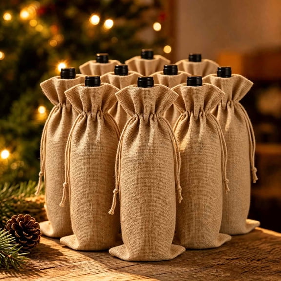 PoyoKee 10Pcs Christmas Gift Bags, Roomy Xmas Wine Bags, Reusable Gift Bags for Holiday Presents Indoor Christmas Decoration