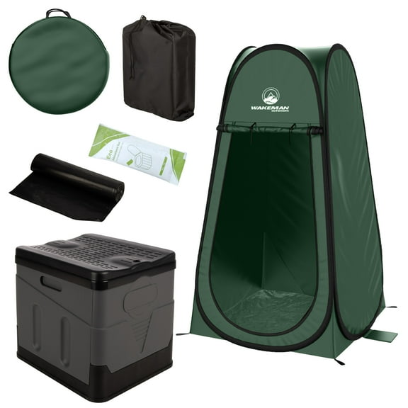 Wakeman Outdoors Camping Toilet Set - Pop Up Privacy Tent and Portable Toilet for Adults, Green