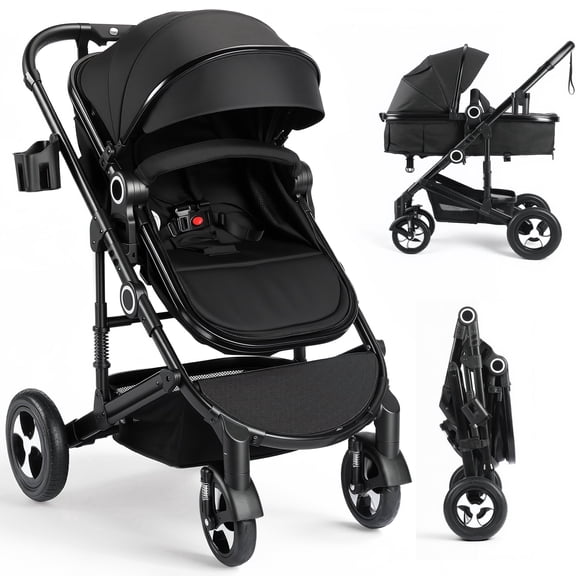AILEEKISS 3-in-1 Convertible Baby Stroller with Big Seat and Adjustable Canopy, 24 Pounds, Black