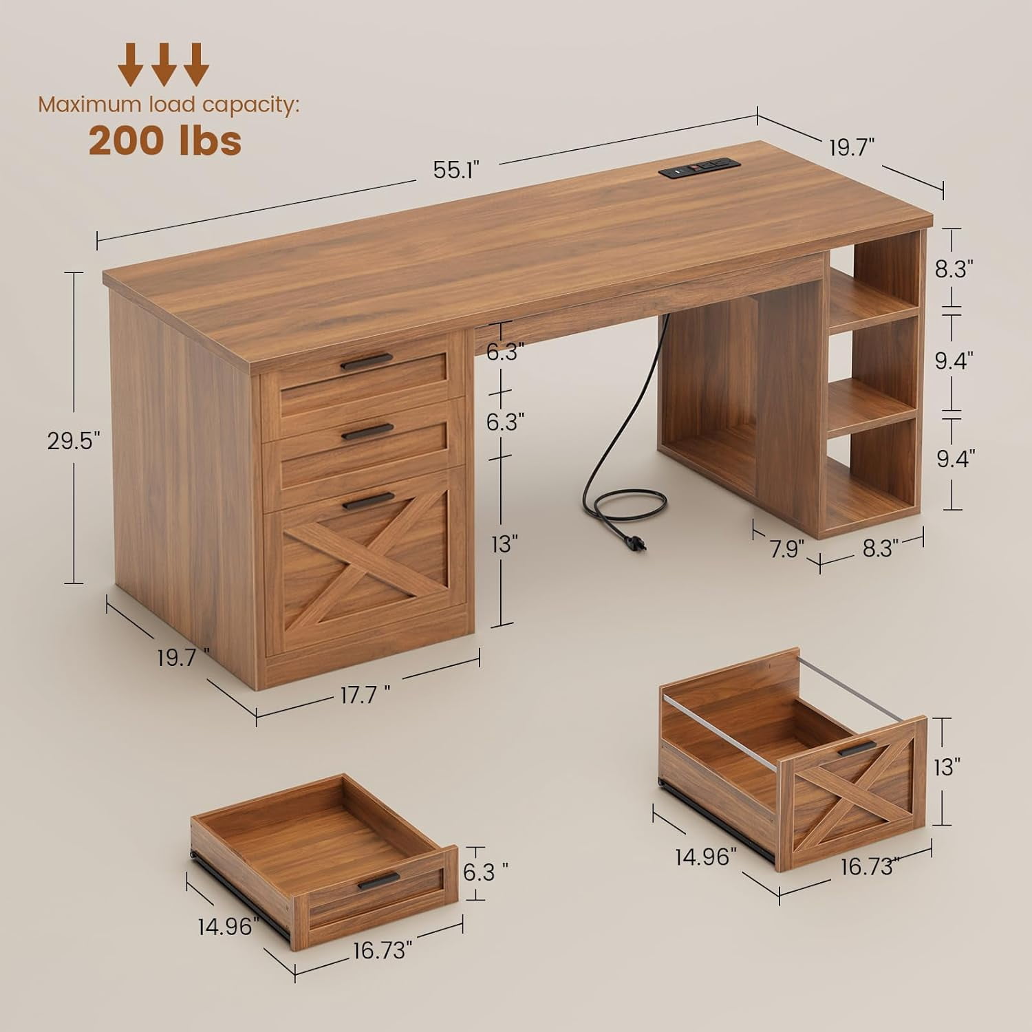 55.1" Farmhouse Desk with 3 Drawers & Open Shelves, Home Office Desk with Power Outlets & File Drawer, Wood Desk with Ample Storage, Computer Desk for Bedroom, Brown