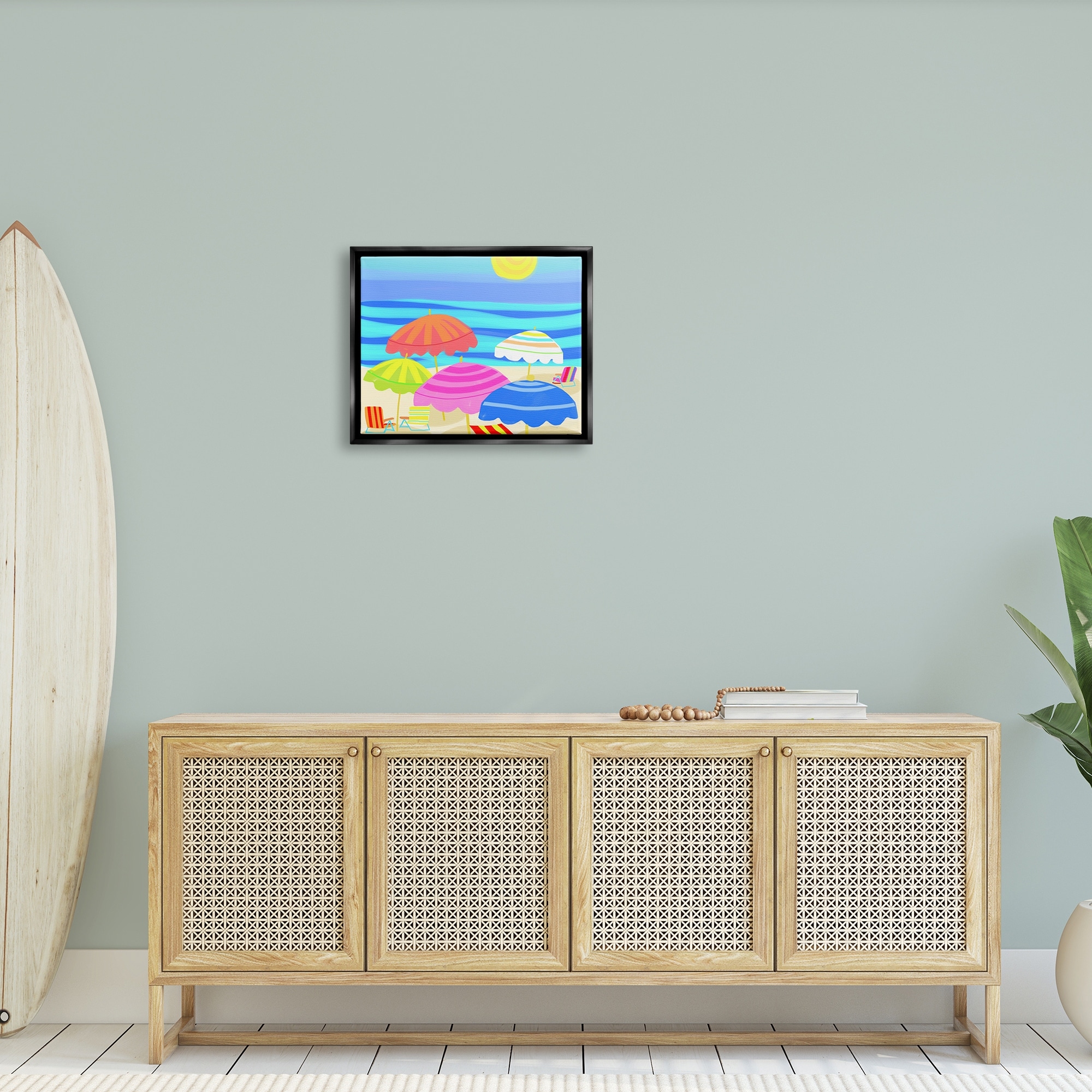 Stupell Industries Vibrant Sun Umbrellas Summer Beach Shore Scene Graphic Art Jet Black Floating Framed Canvas Print Wall Art, Design by Maret Hensick