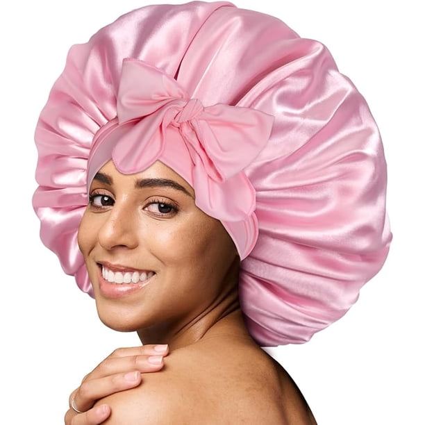 Satin Sovmössor för Kvinnor med Långt Naturligt Lockigt Hår, Satin Sovmössor med Brett Band för Att Spänna Åt För Honom Pink