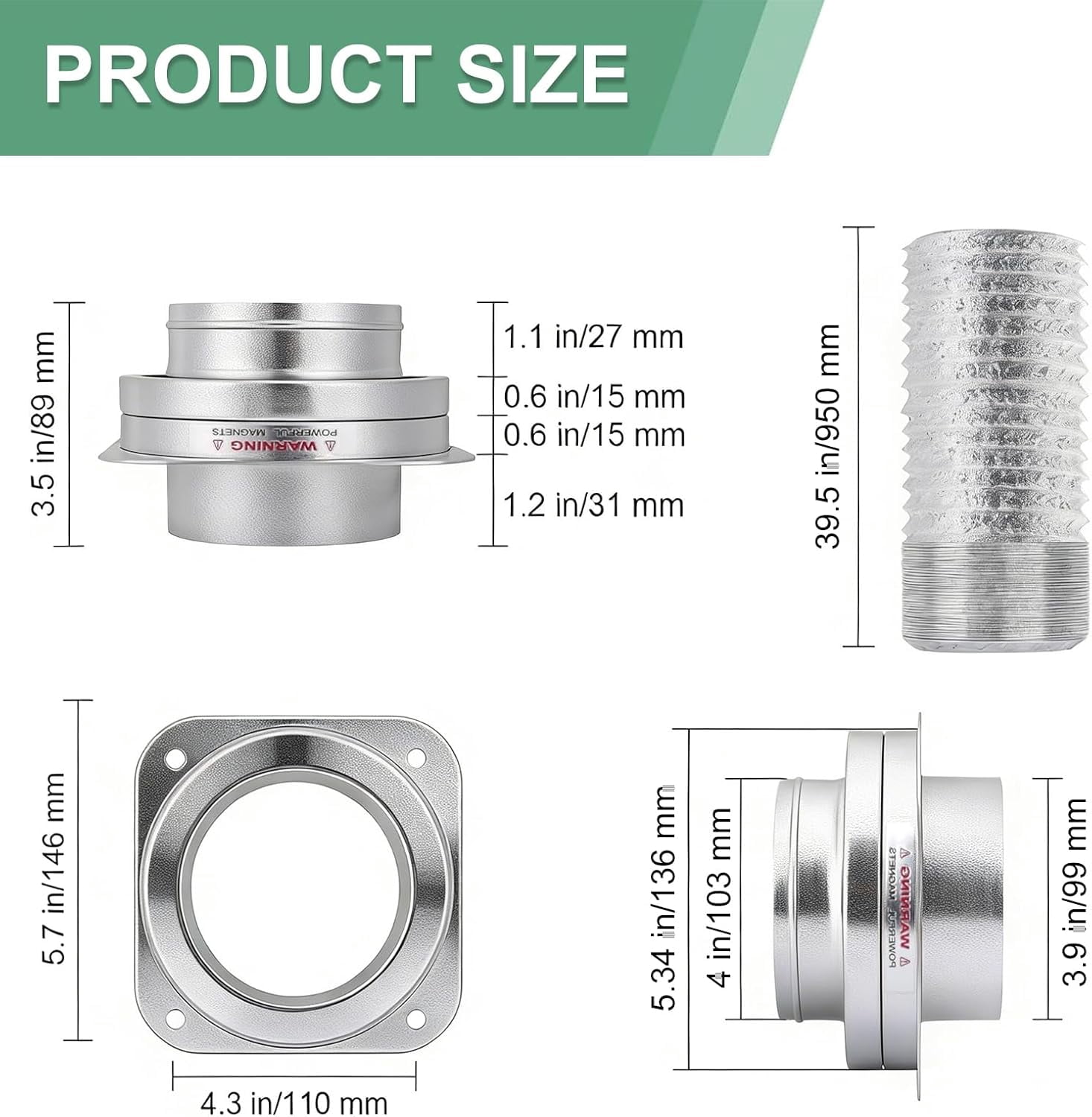 Magnetic Dryer Vent Connector Kit Airtight Seal Magnetic Dryer Vent Coupling Easy to Clean Lint Quick Connect Including a 3.3ft and 4" Duct and Two Clamps