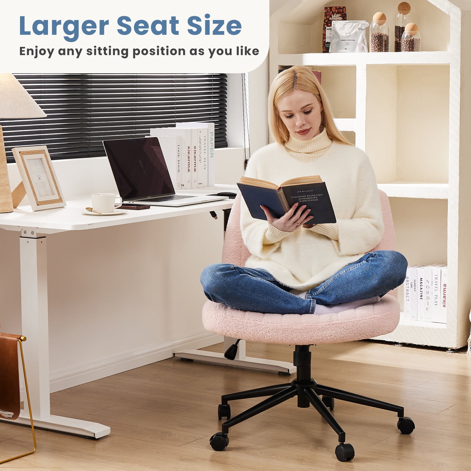 EDX Armless Office Chair Criss Cross Legged Chair with Wheels, Comfy Home Dressing Chairs, Pink