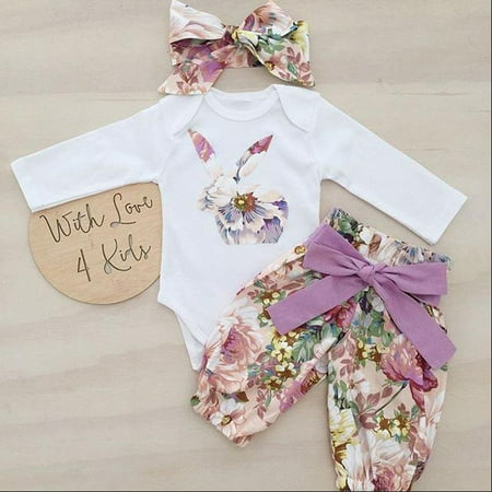 

Newborn Kid Baby Girl Infant Bunny 3pcs Clothes Romper Tops Pants Outfits Set White 3-6 Months