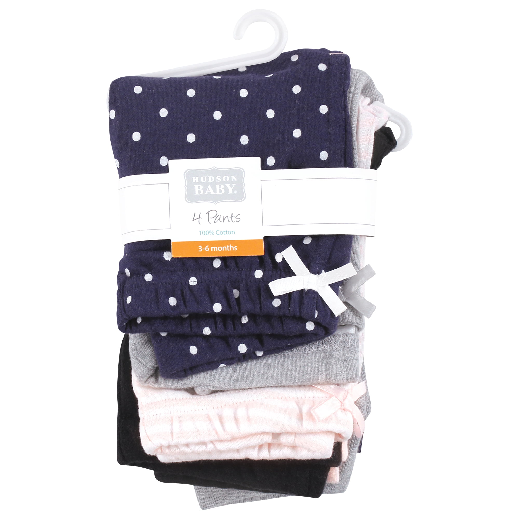 Hudson Baby Girls Cotton Pants and Leggings, Navy Dot Pink Stripe, 6-9 Months