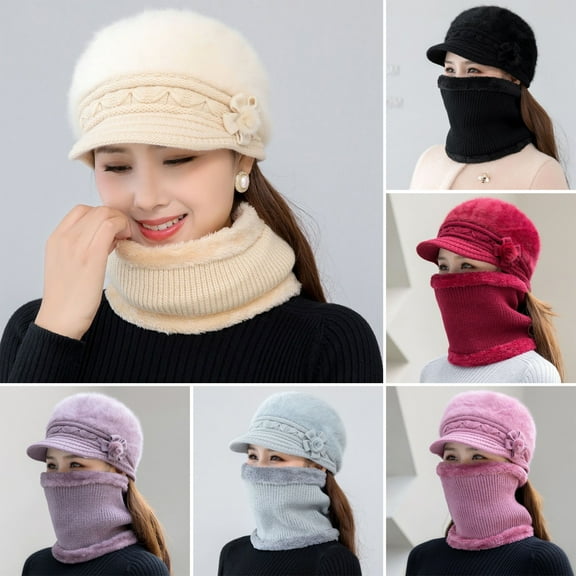dianhelloya 2Pcs/Set Women Winter Solid Color Knitting Hat Neck Gaiter Set Plush Beret Hat Fleece Lined Scarf Set Casual Warm Knitted Accessories Grey