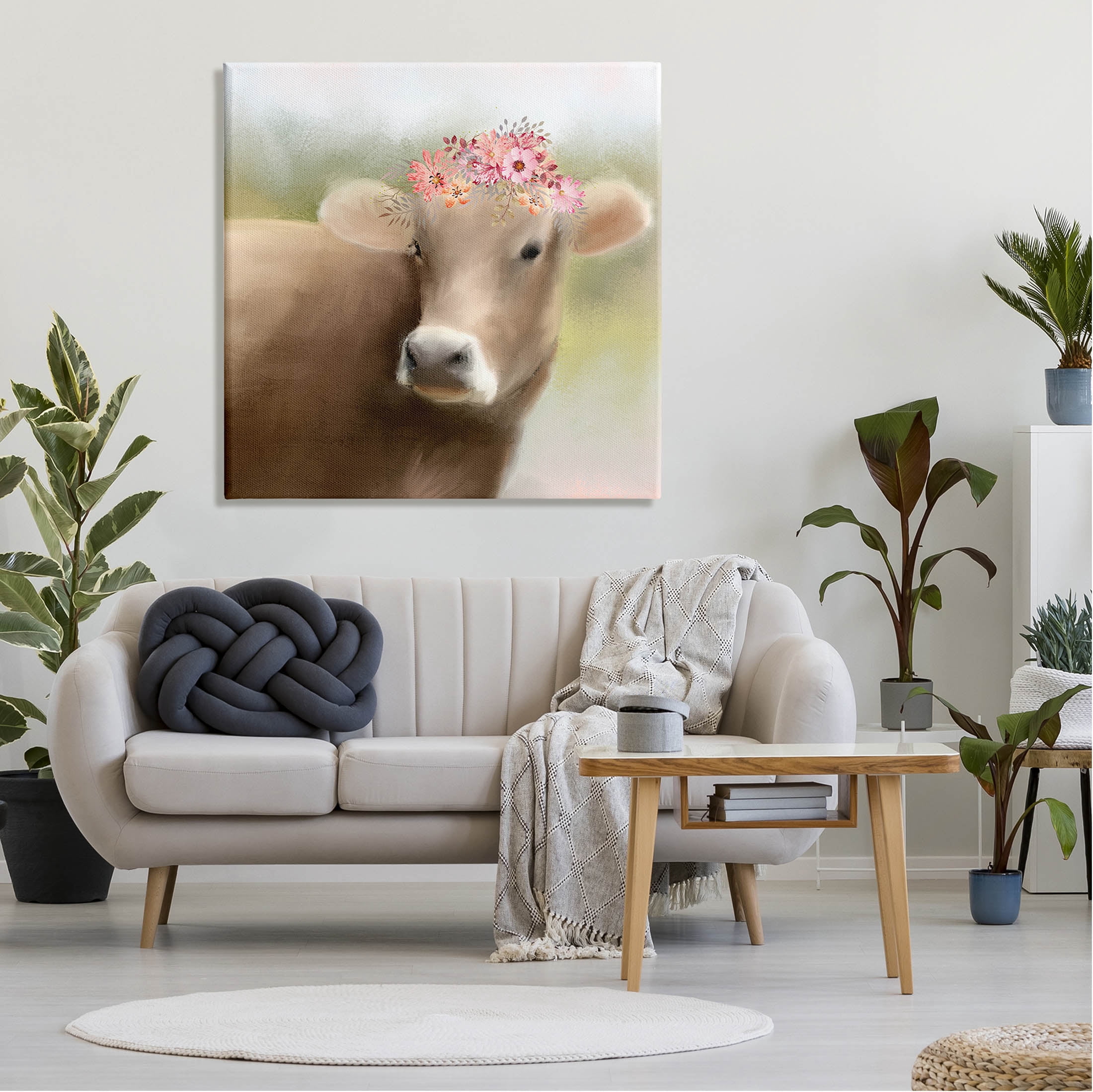 Farm Cow Pink Blooms Arrangement Animals & Insects Graphic Art Gallery Wrapped Canvas Print Wall Art