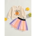 thumbnail image 3 of Baby Toddler Girls Halloween Skirt Clothing Sets 6 12 18 24 Months 2T 3T 4T Long Sleeve Letter Pumpkin Print Pullover Colorful Tulle Skirt Outfits, 3 of 9