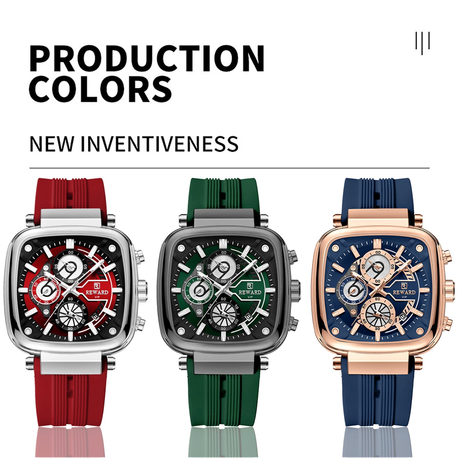 Square Watches for Men Red Silicone Chronograph Fashion Sports Watch Luminous Waterproof Casual Wrist Watches Silver Red