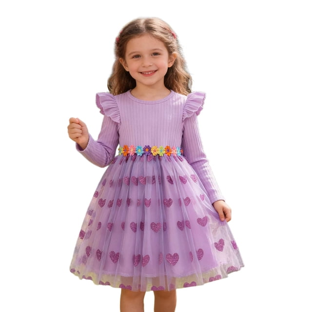 oqasdz Robe Fille Manches Longues Robe de Soirée avec Bordure en Dentelle et Jupe en Maille Cœur Robe d'Été Décontractée à Volants