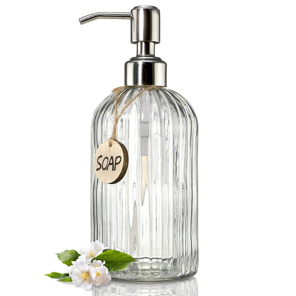 Clear Glass Soap Dispenser 18 Oz with Stainless Steel Pump, Refillable Hand Soap Bottle for Bathroom Sink Countertop, Kitchen Liquid Soap Dispenser, Clear