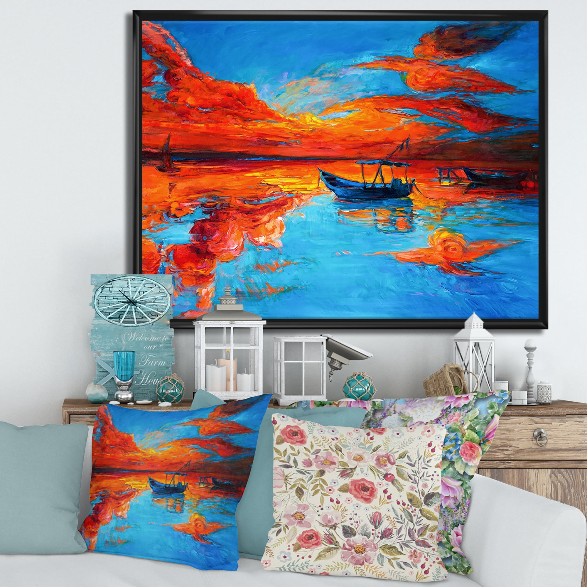 Designart 'Boats During Warm Sunset Resting On The Water VI' Nautical & Coastal Framed Canvas Wall Art Print