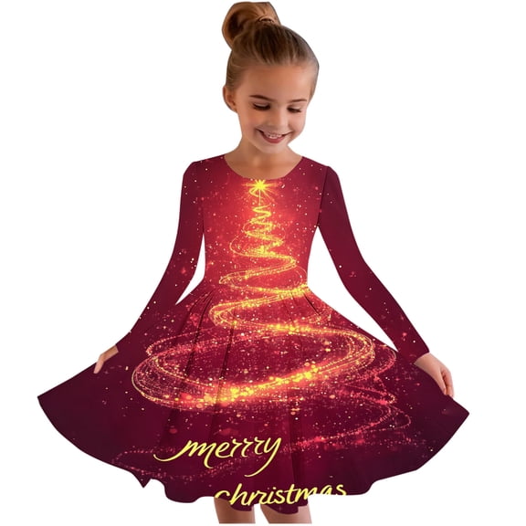 SuTry Girls Christmas Printed Long Sleeve Twirly Skater School Recital Dress Long Sleeve Round Neck Dress for Kids 4-15 Years(Multicolor#3,12-13 Years)