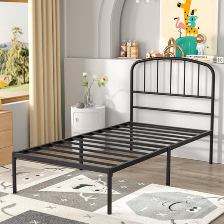 MAINSTAYS CREW TWIN METAL PLATFORM BED WITH CURVED HEADBOARD, BLACK STEEL