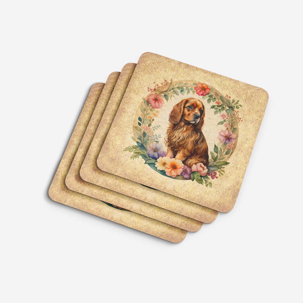 Sussex Spaniel and Flowers Foam Coaster Set of 4 3.5 in x 3.5 in