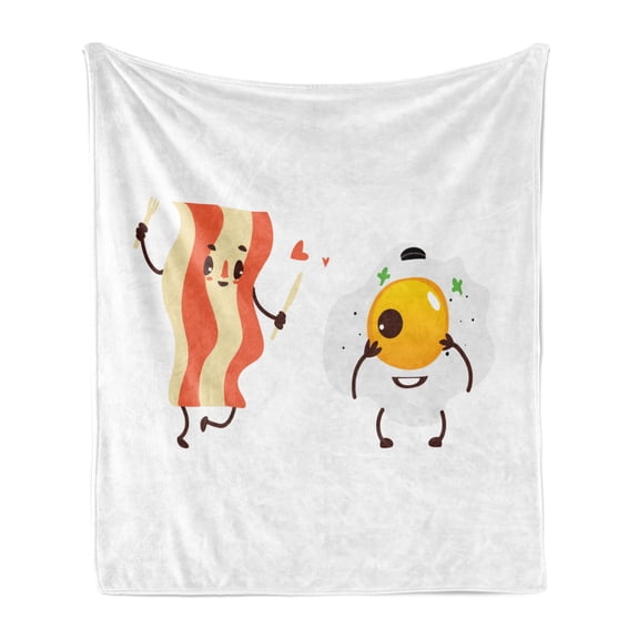 Bacon Soft Flannel Fleece Throw Blanket, Funny Cartoon Characters of Side up Fried Bacon and Egg Smiling Breakfast, Cozy Plush for Indoor and Outdoor Use, 50" x 60", Multicolor, by Ambesonne