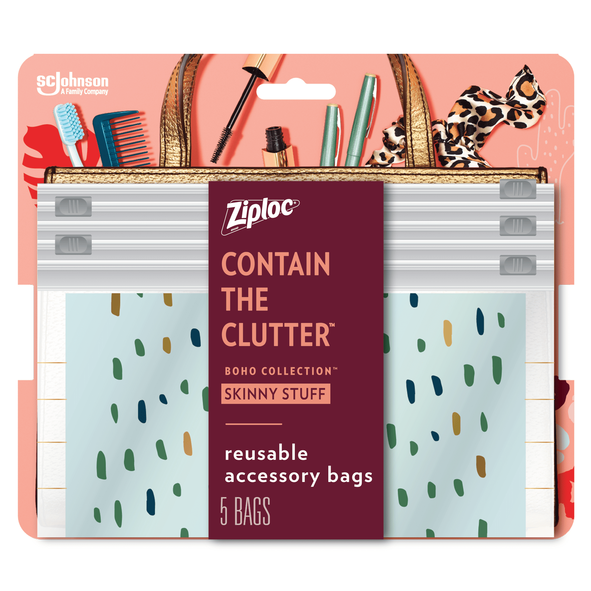 Ziploc Brand Boho Collection Skinny Stuff Accessory Bags, 5 Bags