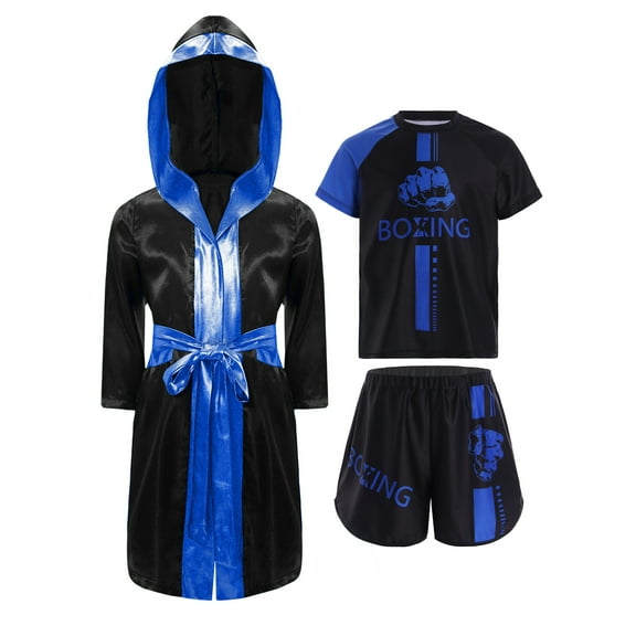Oyolan Kids Boys Boxing Uniform 3 Piece Satin Hooded Boxing Robe with Belt and Sports T-shirts Shorts Set Blue 14