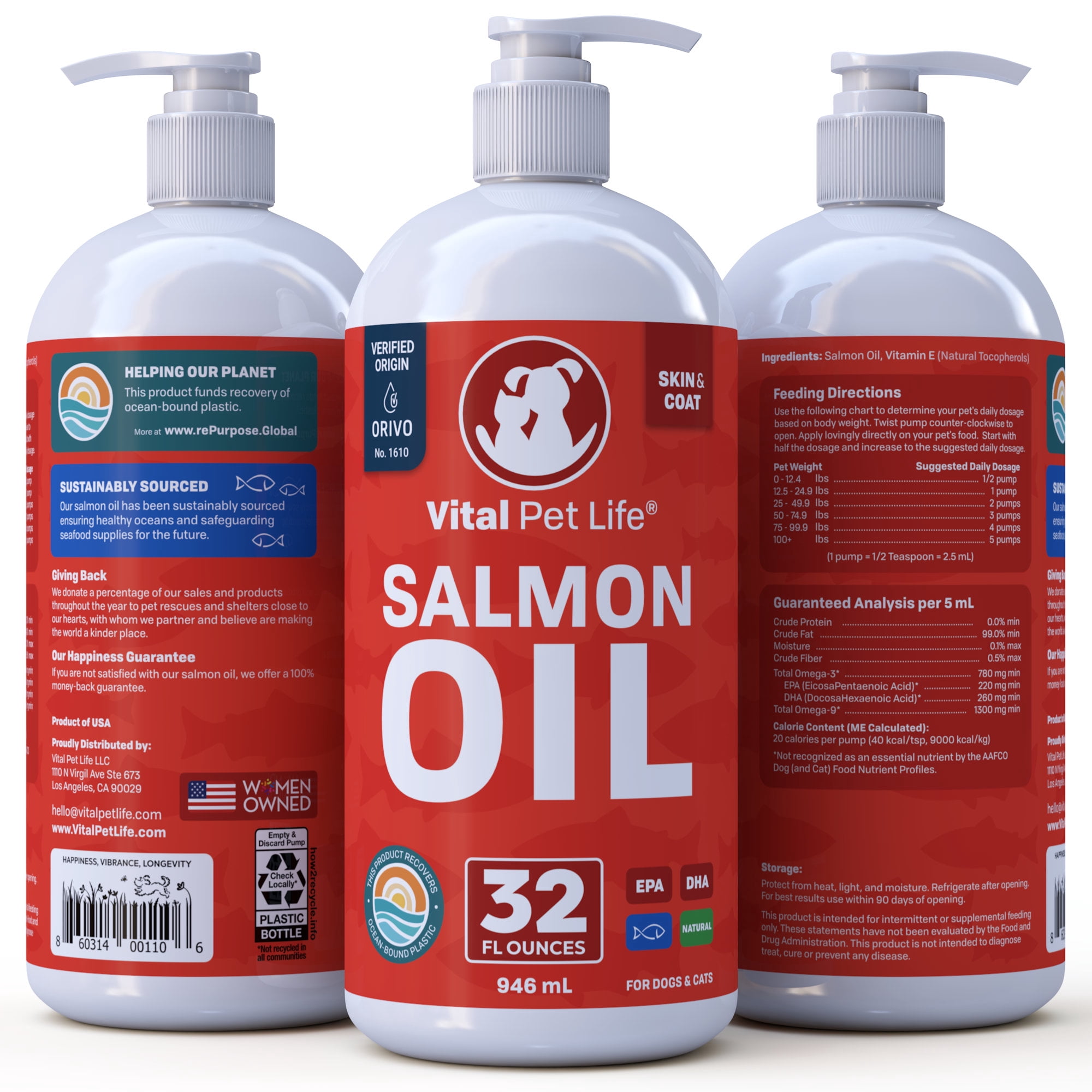 Vital Pet Life Salmon Oil for Dogs & Cats - Healthy Skin & Coat, Omega 3 EPA DHA, Supports Joint Health, 32 oz