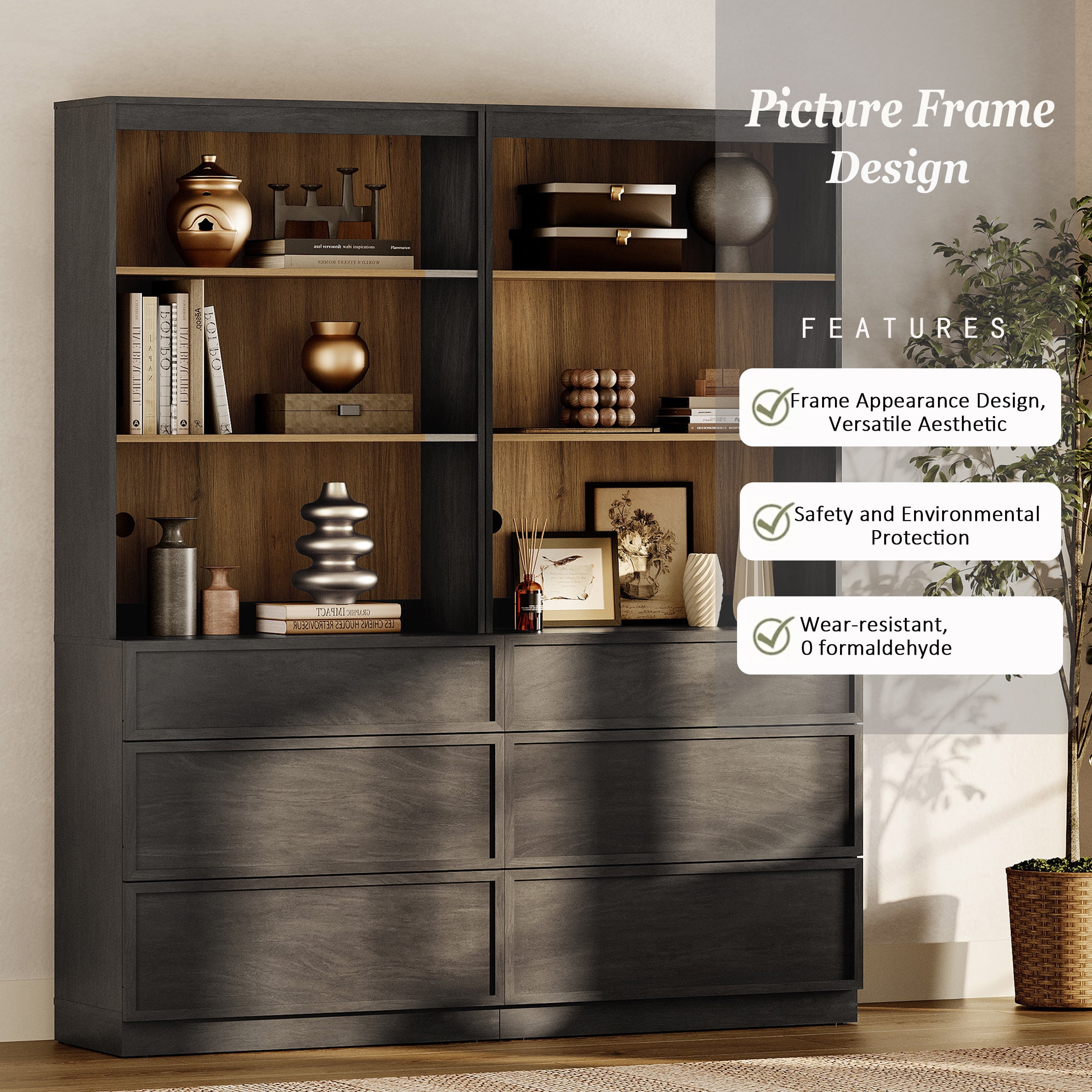Modern 72" Tall 63" Wide Wood Sideboard Buffet with 6 Drawers & Open Shelves for Dining Kitchen,Black