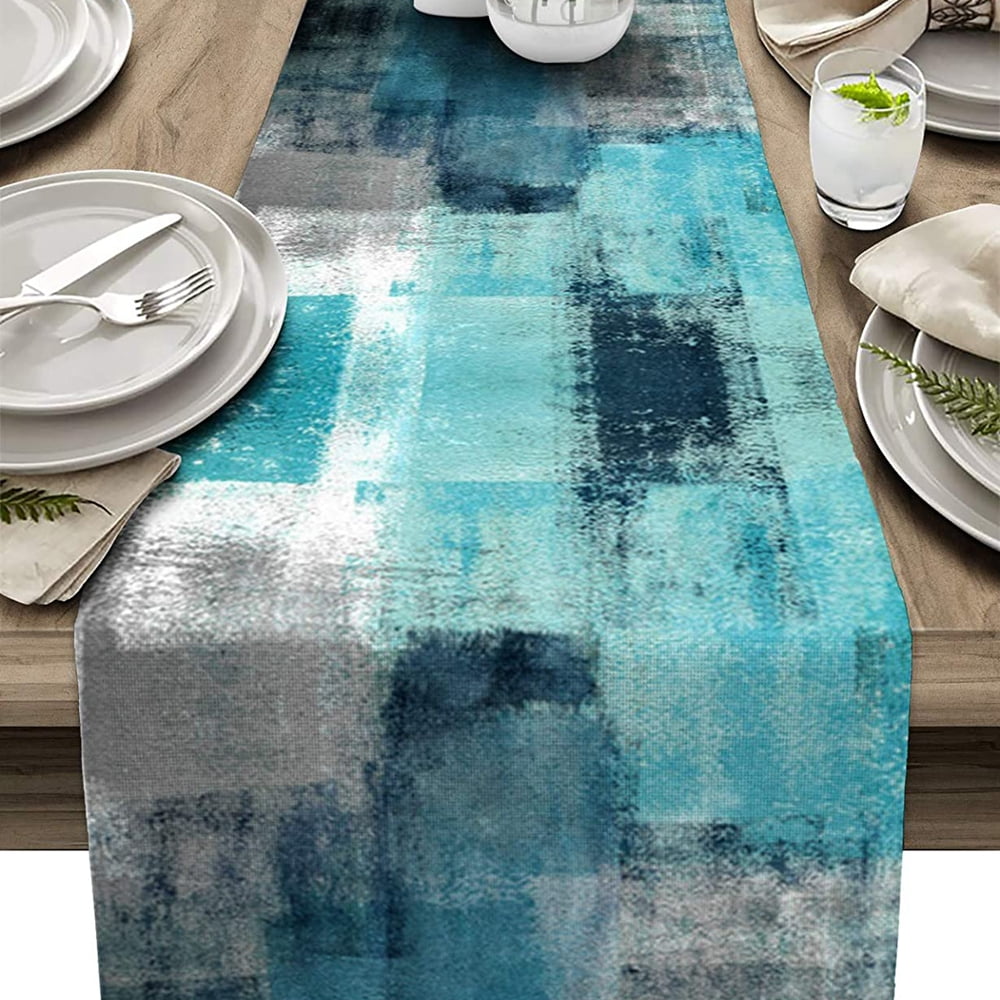 Teal Table Runner for Kitchen Dining Table Abstract Summer Table
