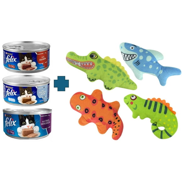Paquete de 8 latas Felix pate alimento humedo 156 gr + 1 juguete con sonido Fancy pets