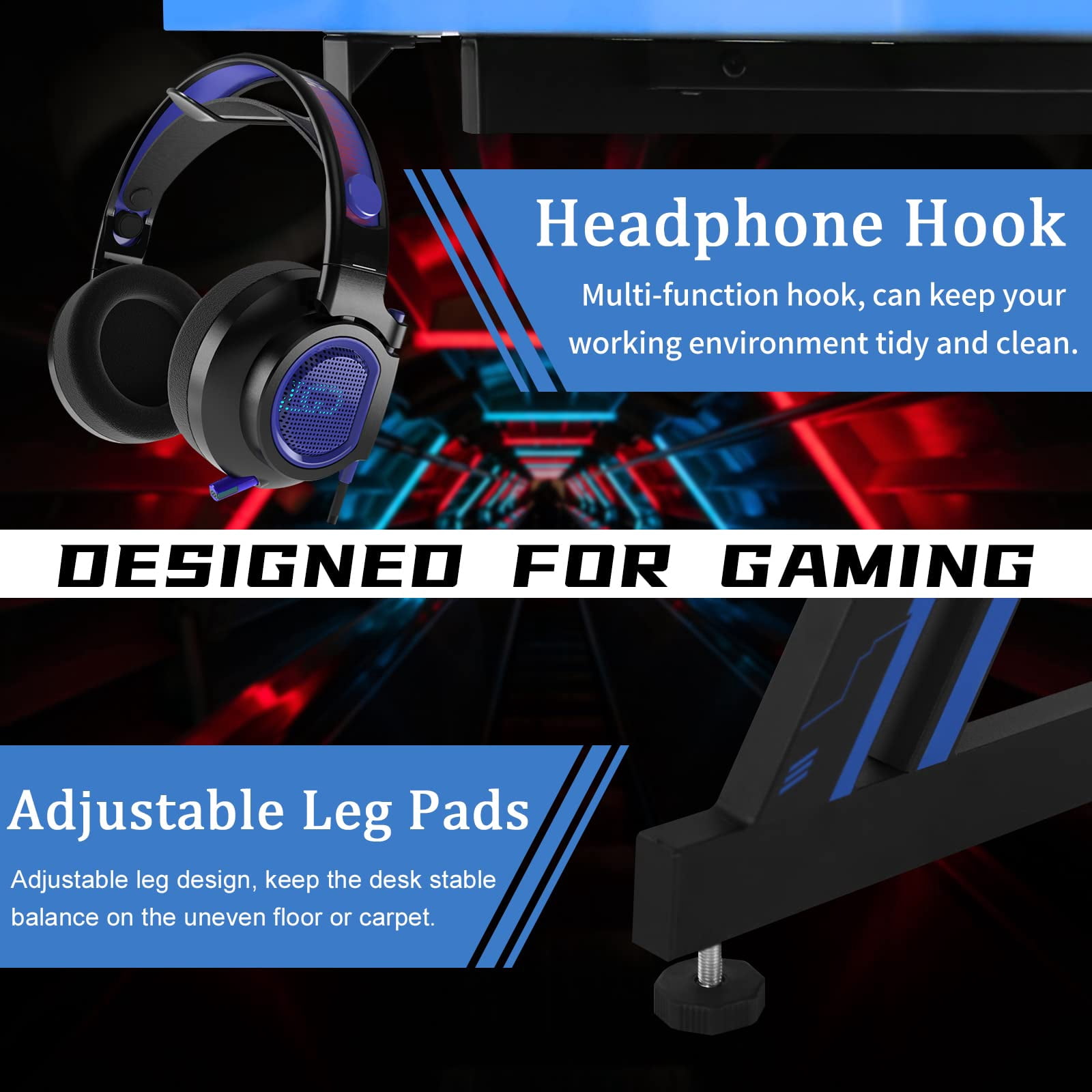 35 inch Gaming Desk Z-Shaped Leg PC Computer Desk with Headphone Hook, Ergonomic Gaming Table Gaming Workstation（Blue）