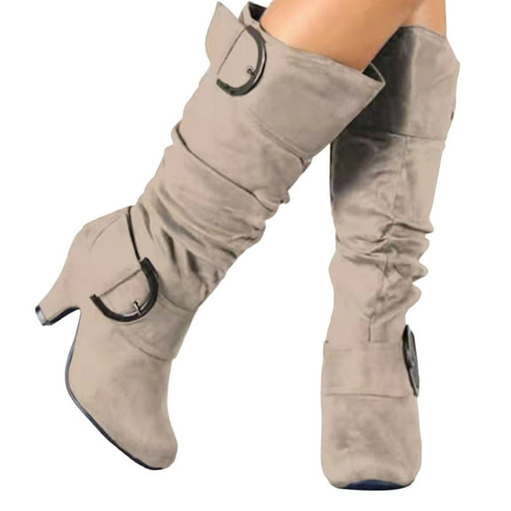 Pandaie Women's Slouchy Knee High Boots Extra Wide Calf Winter Fall Tall Boots Buckles Block Mid Heel Riding Outdoor Shoes with Side Zipper Beige 5