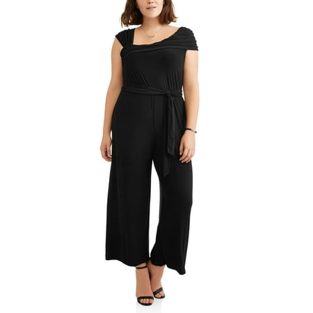 Women's Plus Asymmetrical Neckline Knit Wide Leg Jumpsuit