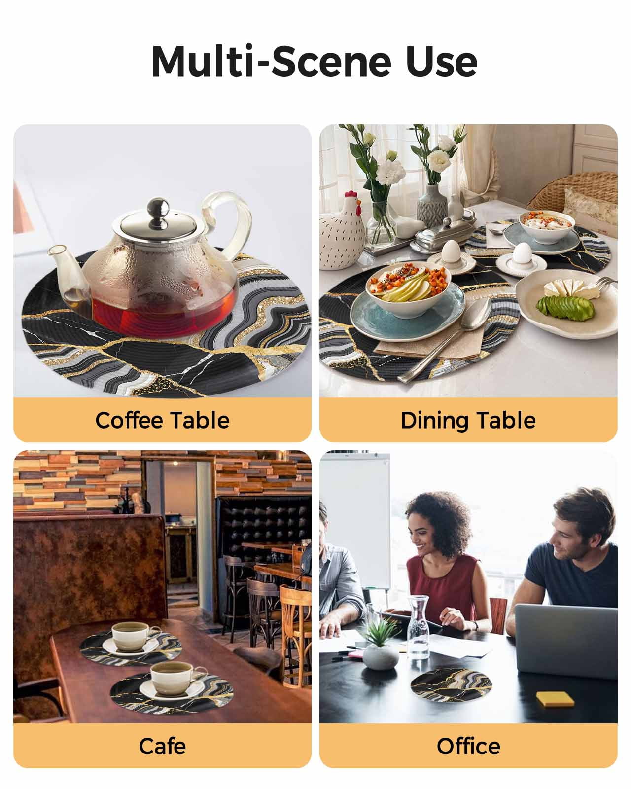 Round Placemats Set of 4 Black Marble Texture Place Mats Washable Woven Placemat Abstract Gold Fluid Circle Braided Table Mat for Kitchen Dining Table Party Home Decor 15 Inch