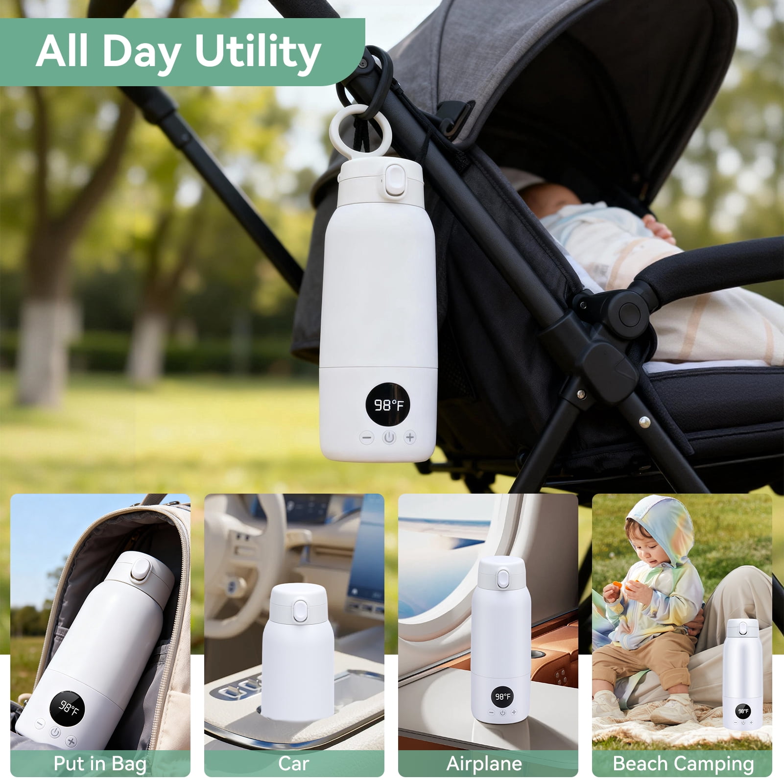 Baby Bottle Warmer 17oz Large Capacity Fast Heating Portable Cordless Milk Warmer for Breastmilk and Formula, for Travel Car Outdoor