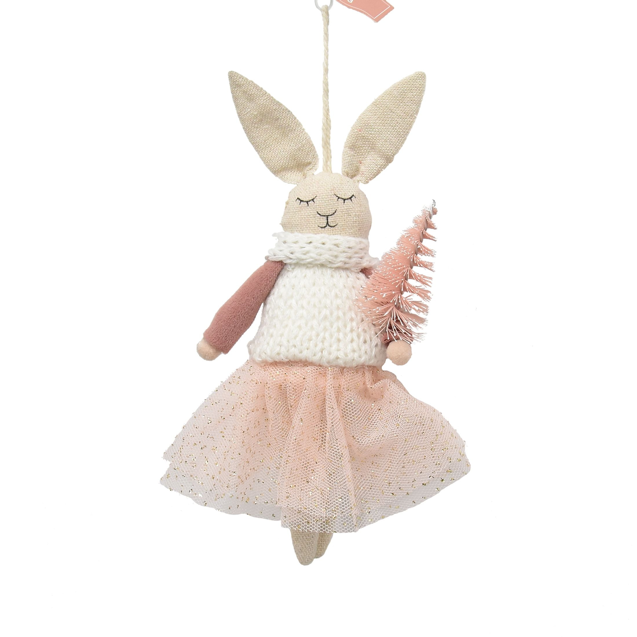 Holiday Time Pink and Cream Fabric Rabbit with Tree Ornament