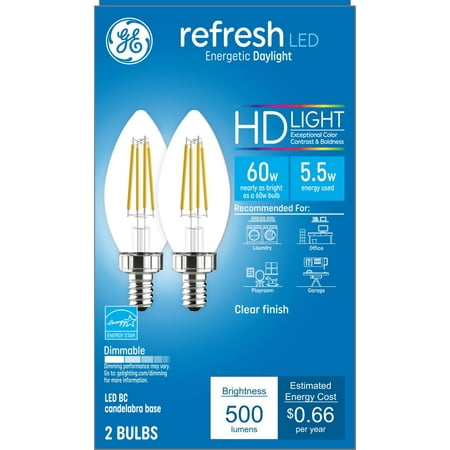 GE Refresh LED Decorative Light Bulbs, Daylight, 60 Watt Eqv, Candelabra Base, 2pk