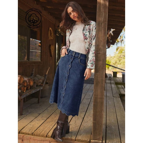 Womens Dark Wash High Waist Scalloped Button-Front Denim A-Line Midi Skirt