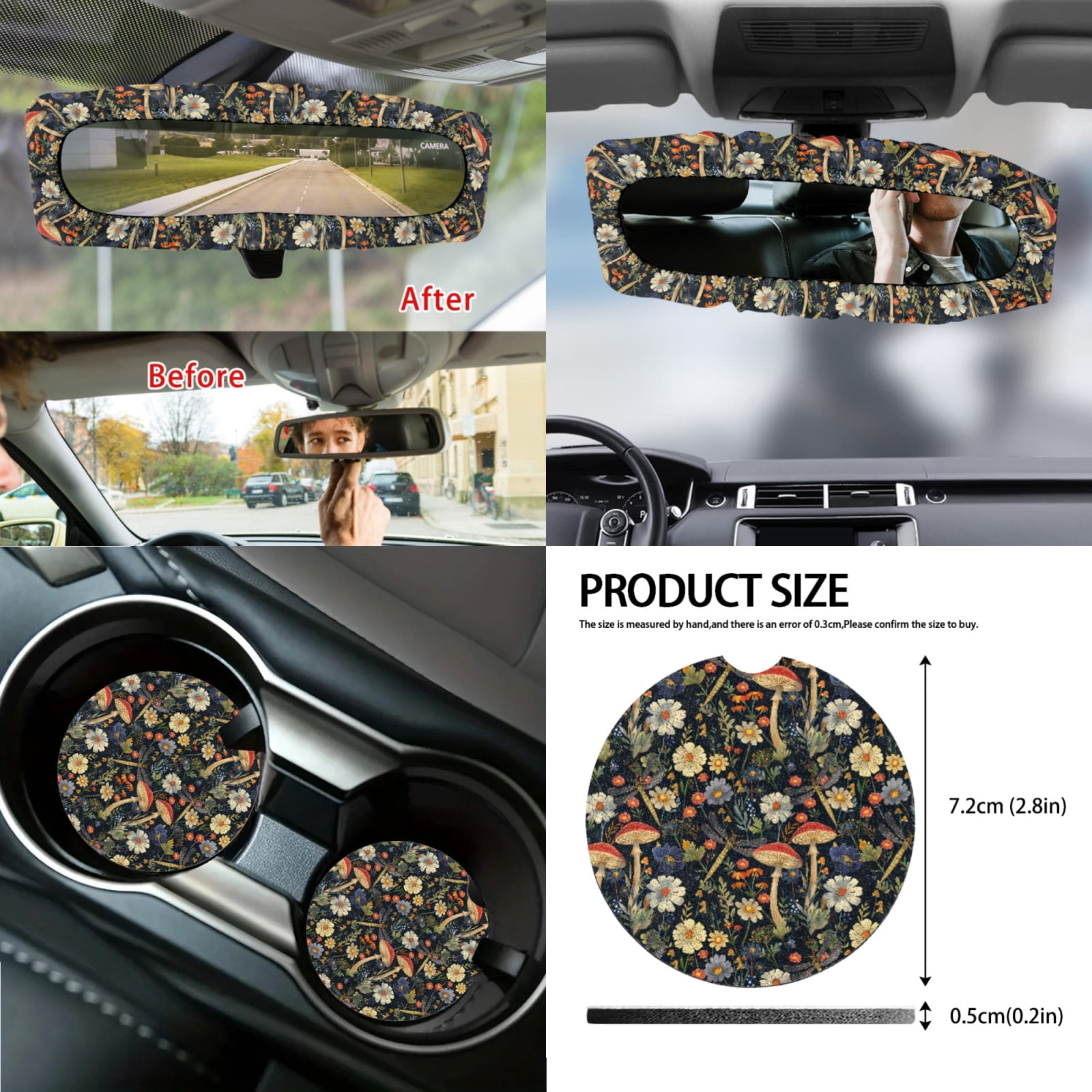 Jeiento Aesthetic Mushroom Car Seat Covers Front Rear Full Set Steering Wheel Cover Seat Belt Pads Coasters Waste Bin Armrest Cover Cup Holders Rearview Mirror Cover Handbrake Cover Set, 14 PCS