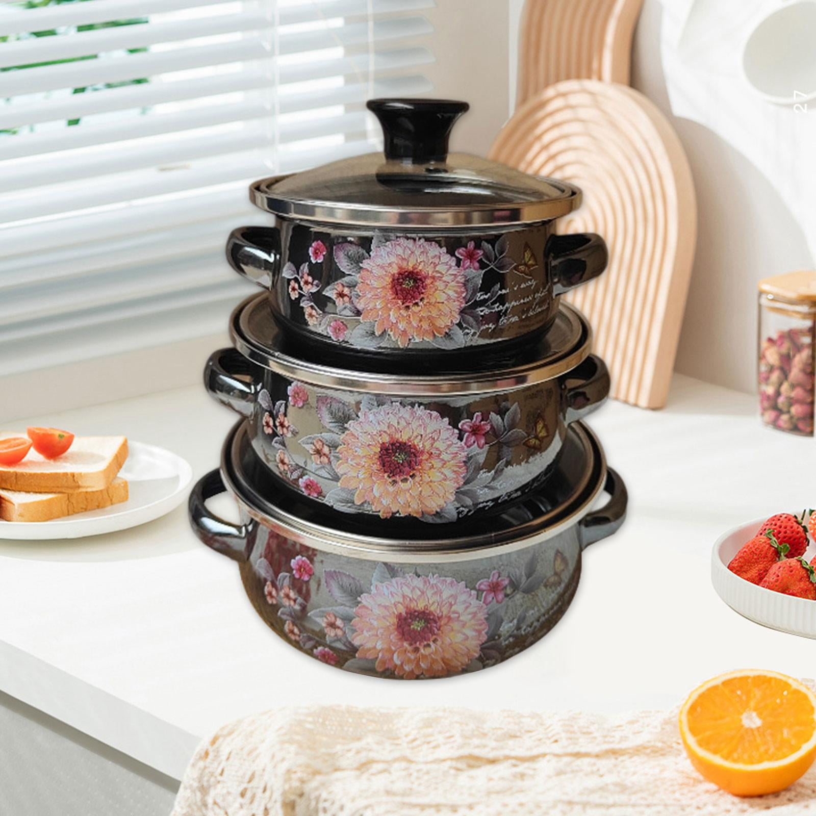 Dualoai 3x Enamel Stockpots Set Cookware Cooker Enamel Pots for Restaurant Home Gift