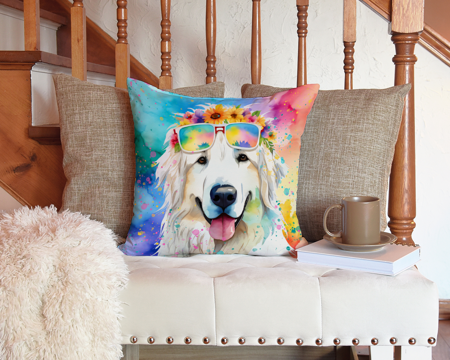 Great Pyrenees Hippie Dawg Fabric Decorative Pillow 14 in x 14 in