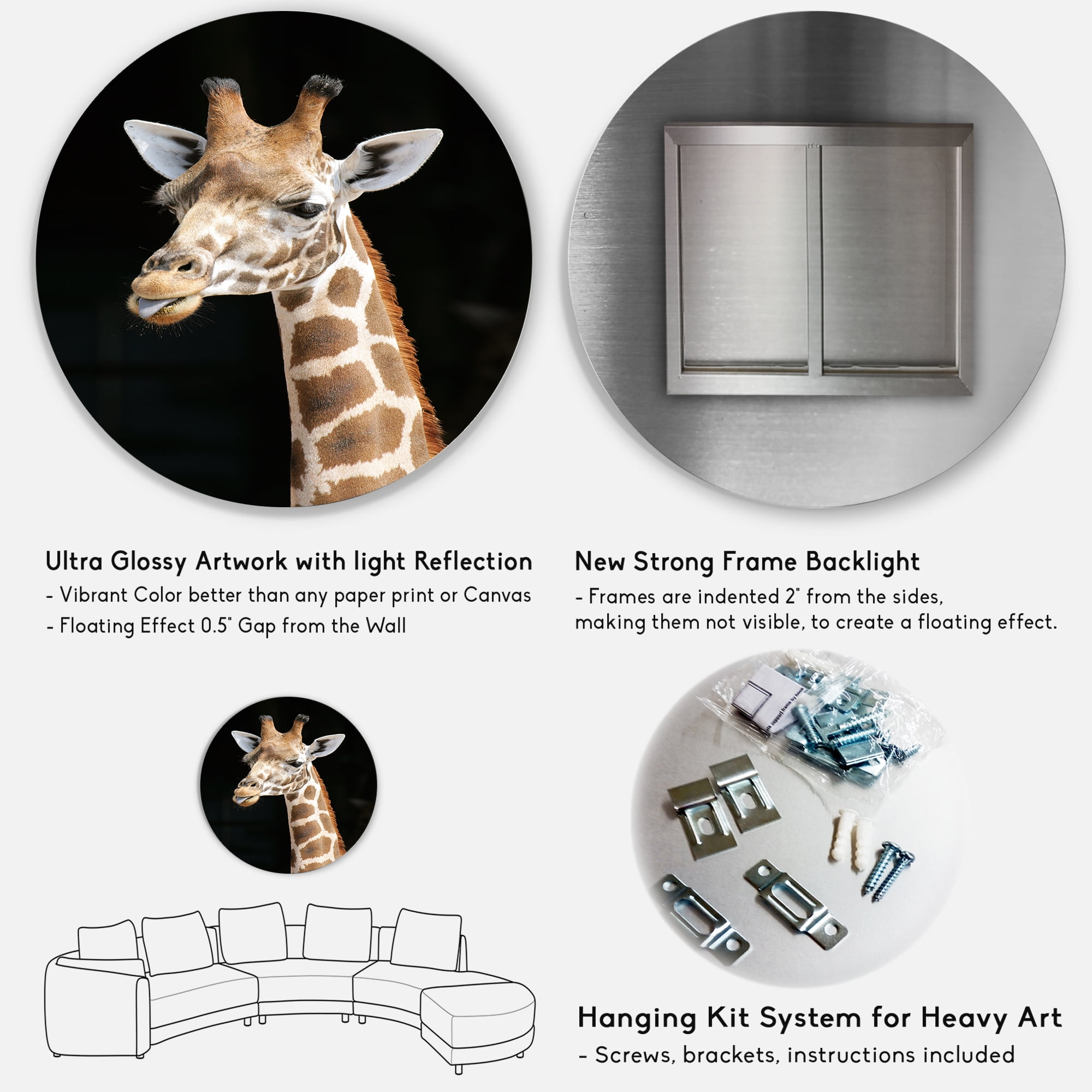 Designart 'Close Up Portrait Of A Giraffe On Black III' Farmhouse Circle Metal Wall Art 23x23 - Disc of 23
