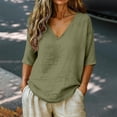thumbnail image 4 of LIZUOJUN Women's Short sleeve T-shirt Linen Blend 3/4 Sleeve Blouse V Neck Casual Loose Solid Color Shirts for Women,Green M, 4 of 7