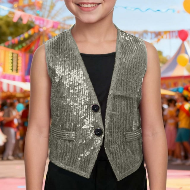 Gilet de Performance pour Enfants Léger Argenté Bohème Sans Manches Col Montant Tenues de Fête Collection Vacances 5-6 Ans