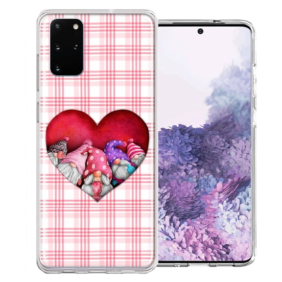 MUNDAZE for Samsung Galaxy S20 Plus Valentine's Day Garden Gnomes Heart Love Pink Plaid Double Layer Phone Case Cover