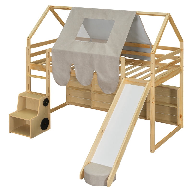 Twin Size Wooden Loft Bed with Slide and Ladder, House-Shaped Loft Bed Frame with Tent, Storage Shelves and Car-Shaped Storage Cabinet, Kids Playhouse Bed with Safety Handrails