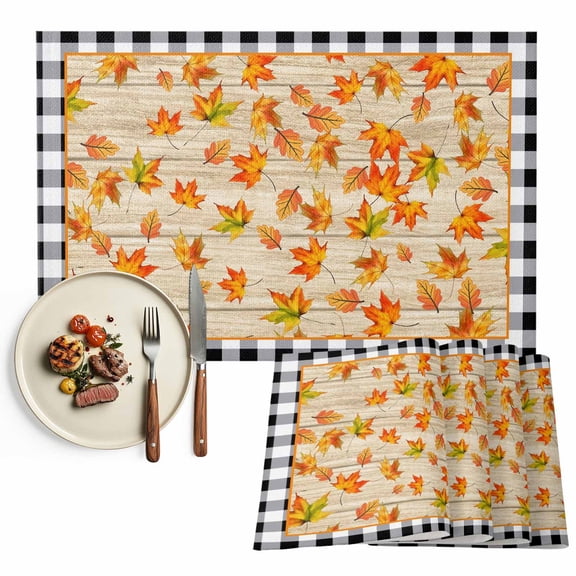 Thanksgiving Fallen Placemats Set of 1 Maple Leaf Vintage Wood Black Plaid Heat Insulated Linen Place Mats, Washable Stain-Proof Table Mats for Dining Tables Holiday Decor 13x19inch