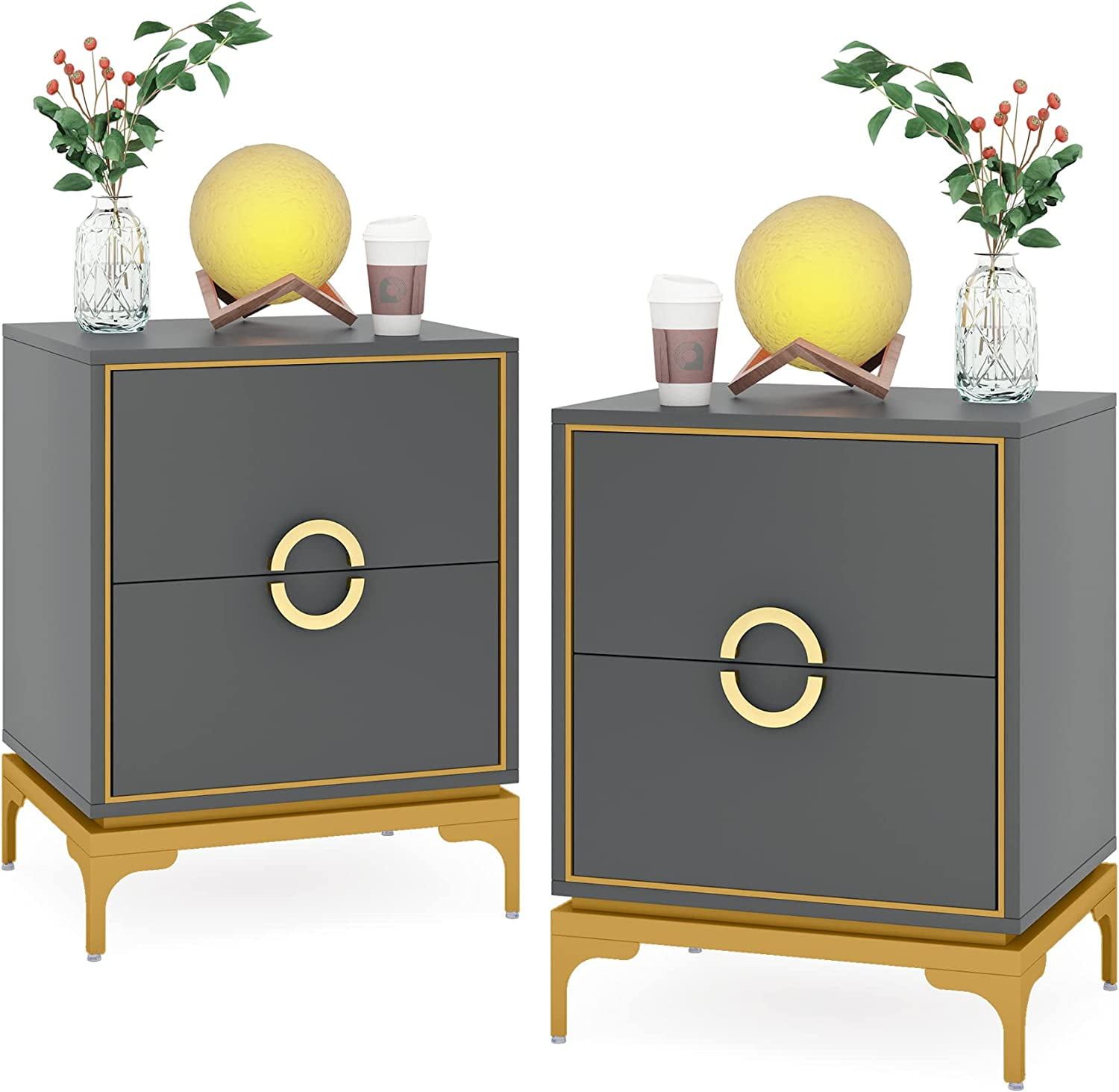 Tribesigns 2Drawer Grey and Gold Nightstand, Bedside Table Night