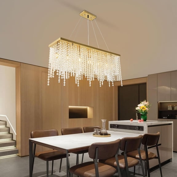 31.5" Linear Modern Crystal Chandelier Luxury Gold Rectangle K9 Crystal Raindrop Chandelier Contemporary 7-Light Ceiling Pendant Lighting for Living Room Kitchen Island Entryway Foyer