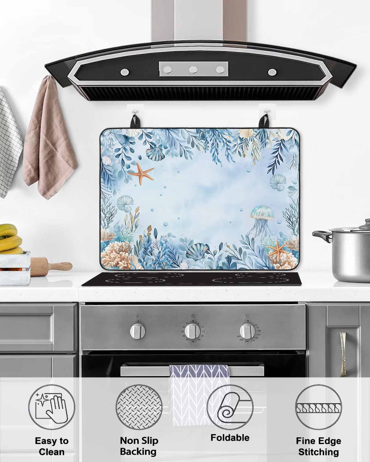 nqOlkjepod Large Induction Cooktop Protector Mat 24"x21", Blue Eucalyptus Stove Top Covers for Electric Stove, Botanical Ombre Coastal Decorative Stove Burner Cover Mats, Glass Top Stove Cover